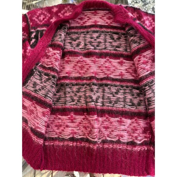 Vintage mohair-blend cardigan Fair Isle magenta black open front hand knitted - Picture 11 of 11